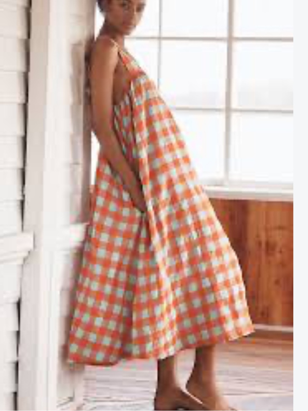 Anthropologie Orange and White Gingham Midi Tie-Back Dress Apron Nap Dress